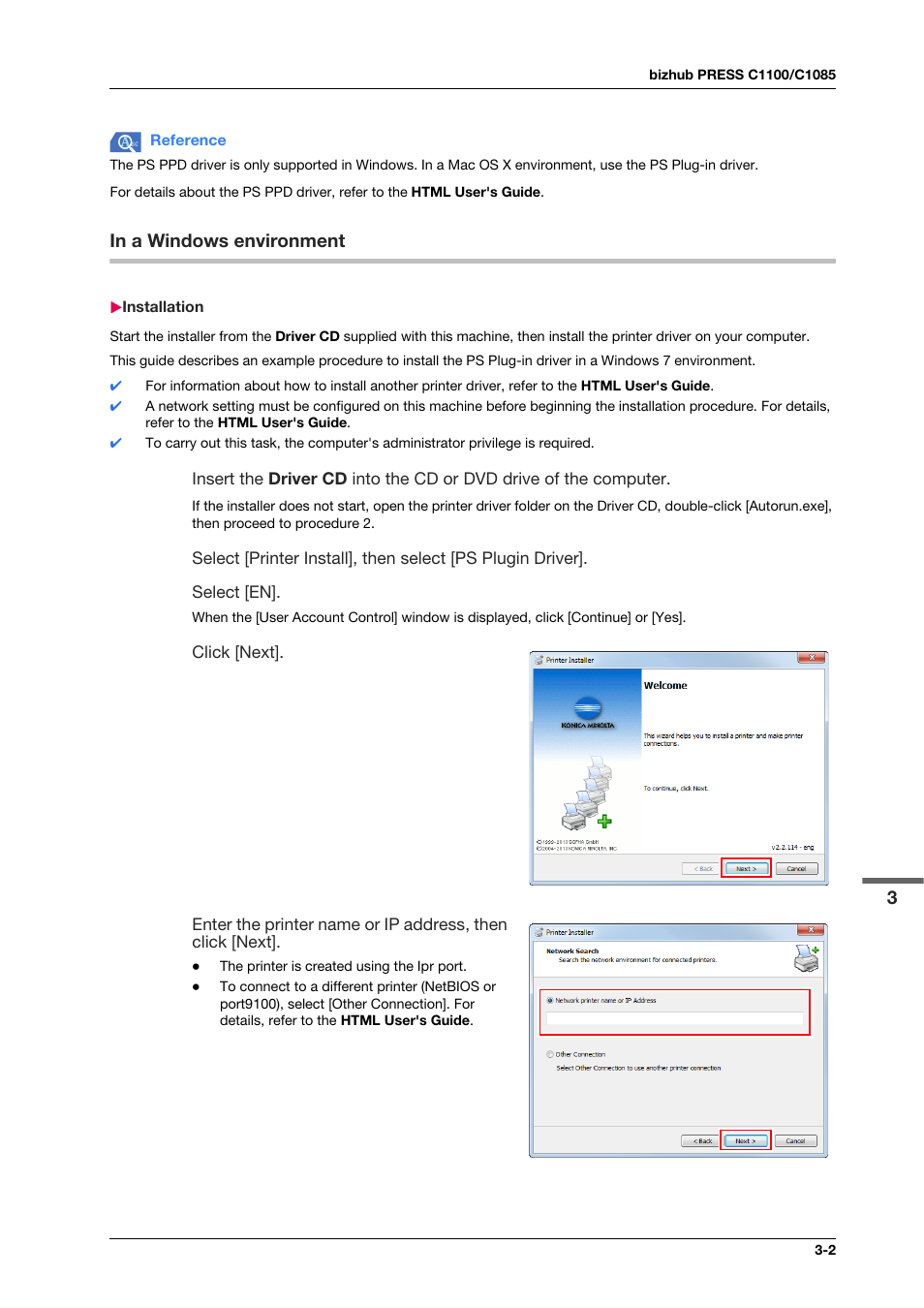 In a windows environment, Installation, In a windows environment -2 | Installation -2 | Konica Minolta bizhub PRESS C1100 User Manual | Page 21 / 123