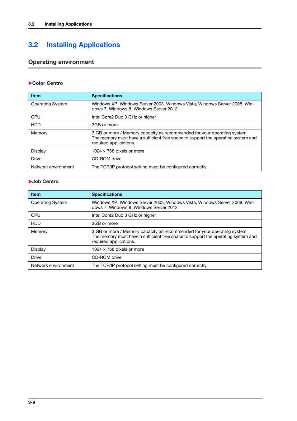 2 installing applications, Operating environment, Color centro | Job centro, Installing applications -9, Operating environment -9, Color centro -9 job centro -9 | Konica Minolta bizhub PRESS C1100 User Manual | Page 28 / 123