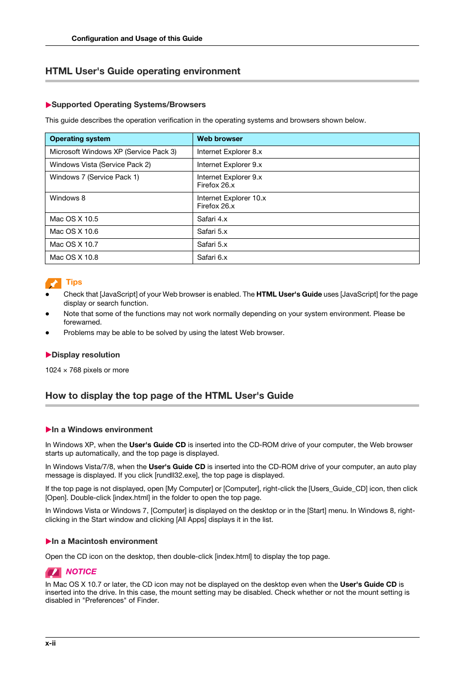 Html user's guide operating environment, Supported operating systems/browsers, Display resolution | In a windows environment, In a macintosh environment | Konica Minolta bizhub PRESS C1100 User Manual | Page 4 / 123