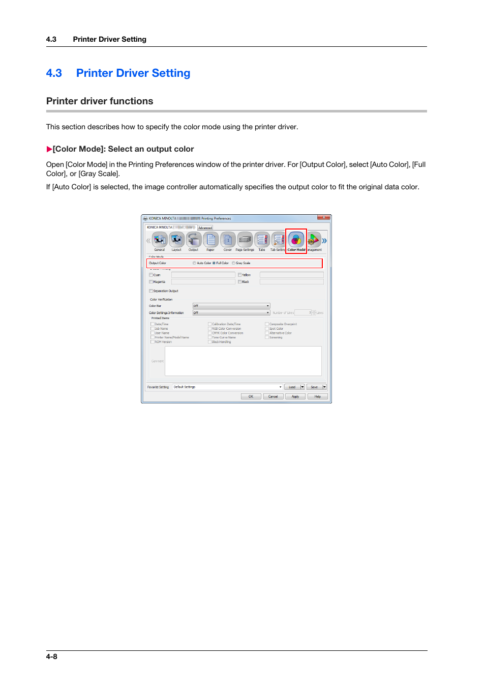 3 printer driver setting, Printer driver functions, Color mode]: select an output color | Printer driver setting -8, Printer driver functions -8, Color mode]: select an output color -8 | Konica Minolta bizhub PRESS C1100 User Manual | Page 42 / 123