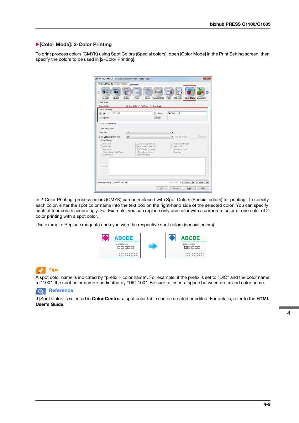Color mode]: 2-color printing, Color mode]: 2-color printing -9 | Konica Minolta bizhub PRESS C1100 User Manual | Page 43 / 123