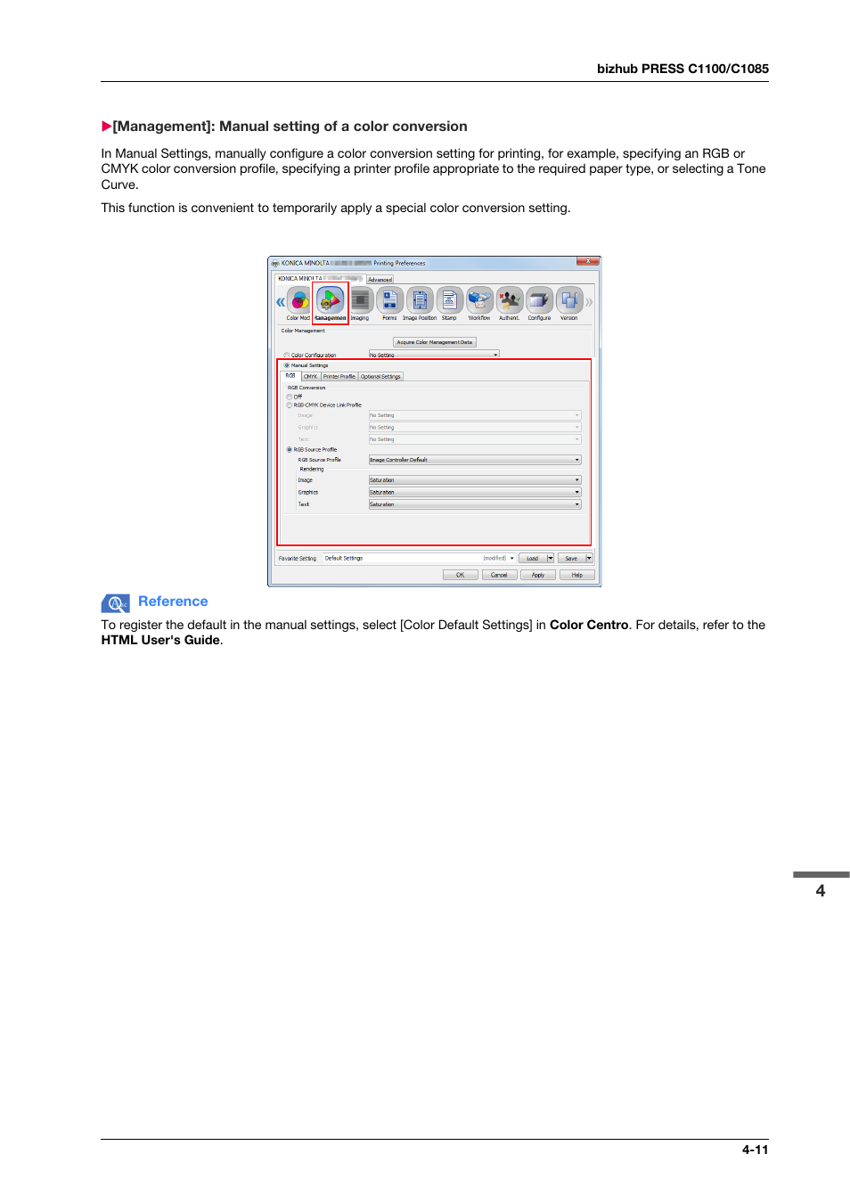 Management]: manual setting of a color conversion | Konica Minolta bizhub PRESS C1100 User Manual | Page 45 / 123