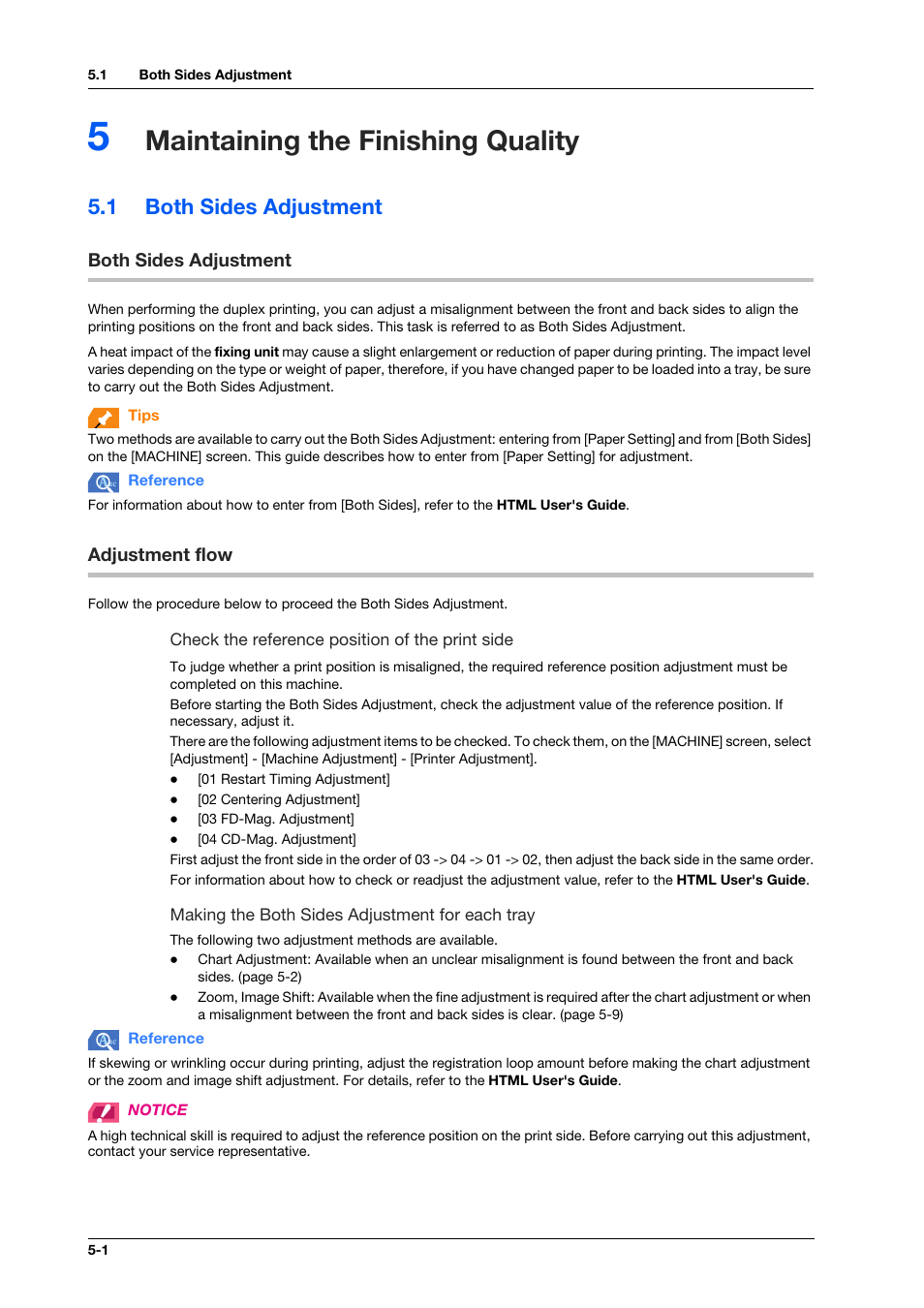 5 maintaining the finishing quality, 1 both sides adjustment, Both sides adjustment | Adjustment flow, Maintaining the finishing quality, Both sides adjustment -1, Adjustment flow -1 | Konica Minolta bizhub PRESS C1100 User Manual | Page 46 / 123