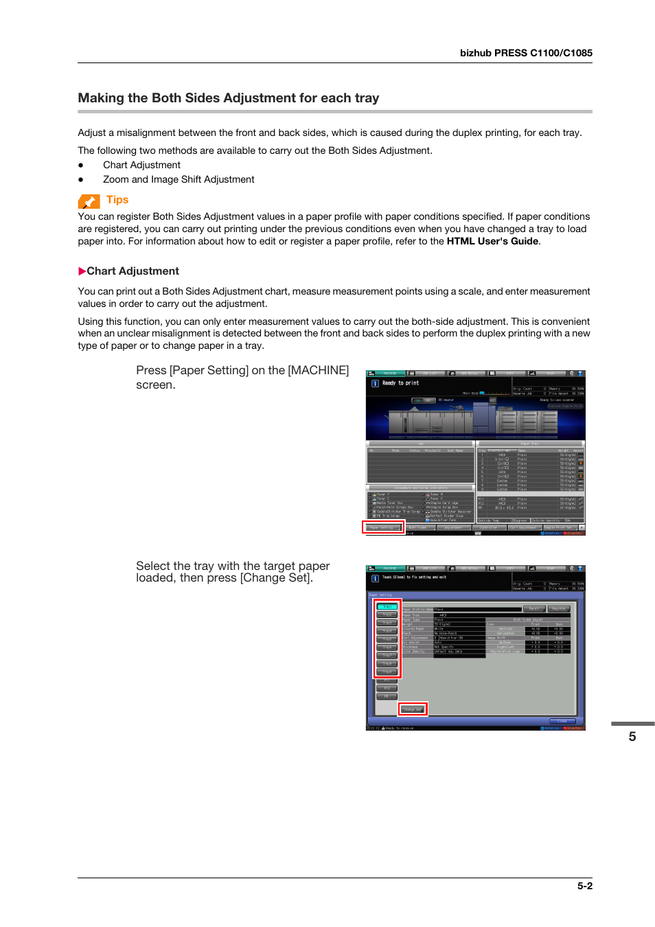 Making the both sides adjustment for each tray, Chart adjustment, Making the both sides adjustment for each tray -2 | Chart adjustment -2 | Konica Minolta bizhub PRESS C1100 User Manual | Page 47 / 123