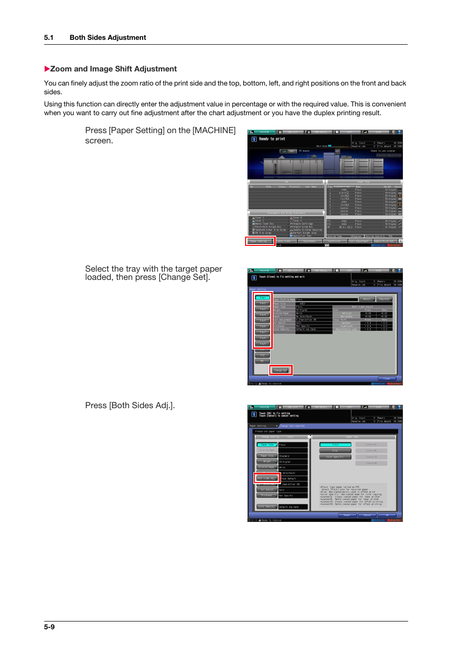 Zoom and image shift adjustment, Zoom and image shift adjustment -9 | Konica Minolta bizhub PRESS C1100 User Manual | Page 54 / 123