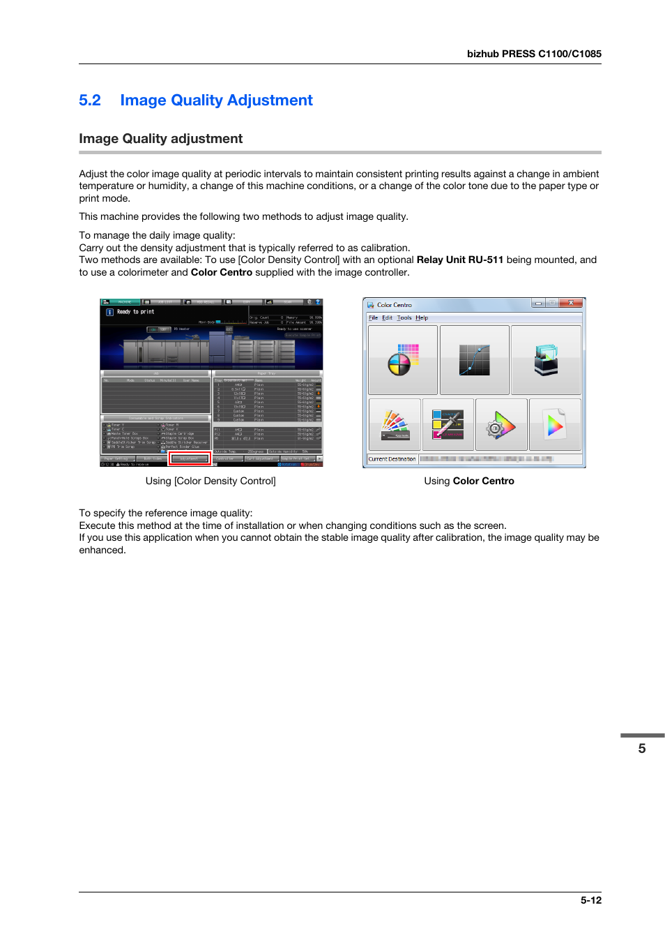 2 image quality adjustment, Image quality adjustment, Image quality adjustment -12 | Konica Minolta bizhub PRESS C1100 User Manual | Page 57 / 123