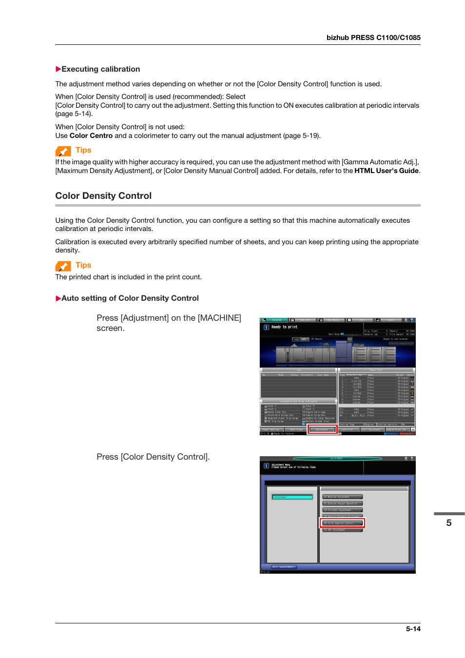 Executing calibration, Color density control, Auto setting of color density control | Executing calibration -14, Color density control -14, Auto setting of color density control -14 | Konica Minolta bizhub PRESS C1100 User Manual | Page 59 / 123