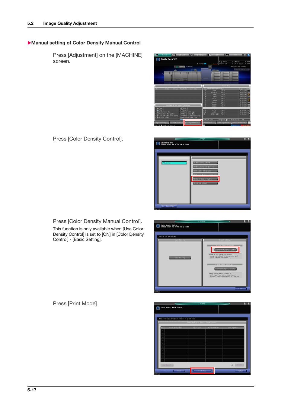 Manual setting of color density manual control, Manual setting of color density manual control -17 | Konica Minolta bizhub PRESS C1100 User Manual | Page 62 / 123