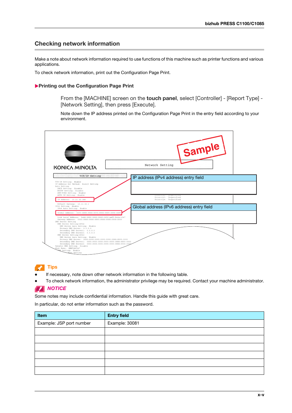 Checking network information, Sample | Konica Minolta bizhub PRESS C1100 User Manual | Page 7 / 123