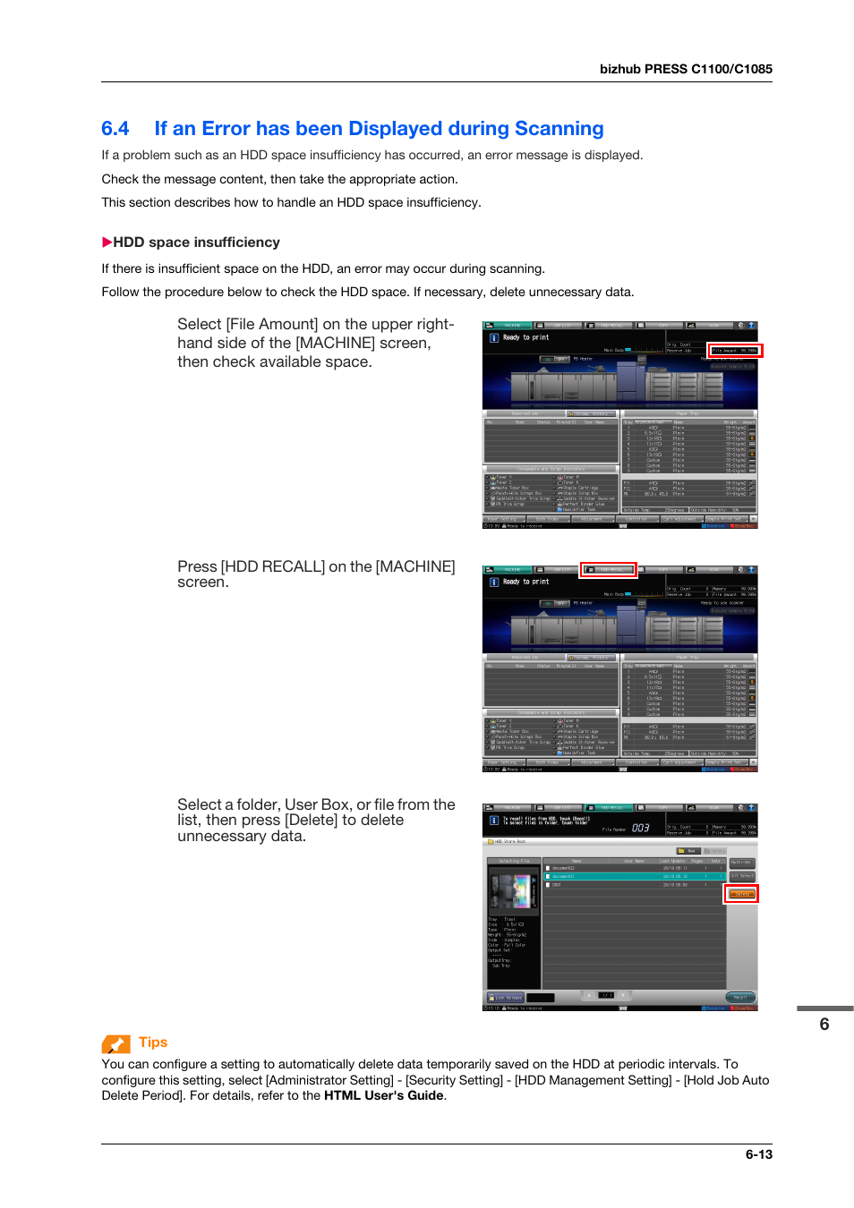 4 if an error has been displayed during scanning, Hdd space insufficiency, If an error has been displayed during scanning -13 | Hdd space insufficiency -13 | Konica Minolta bizhub PRESS C1100 User Manual | Page 87 / 123