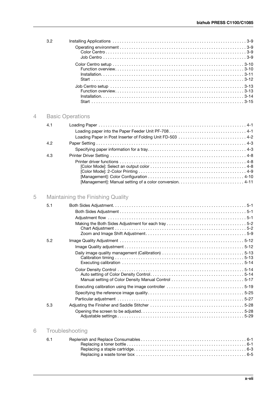 4basic operations, 5maintaining the finishing quality, 6troubleshooting | Konica Minolta bizhub PRESS C1100 User Manual | Page 9 / 123