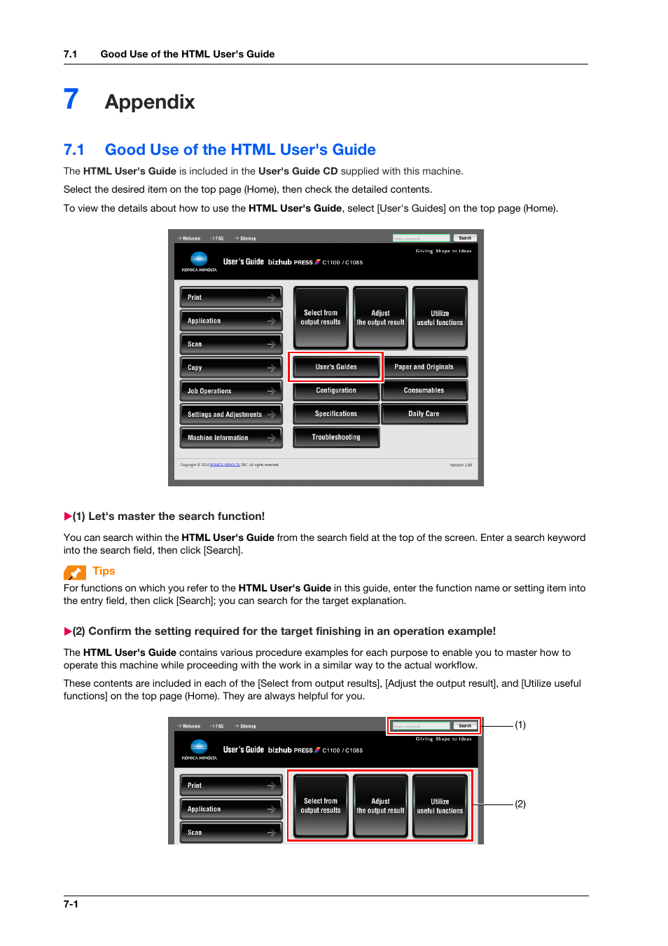 7 appendix, 1 good use of the html user's guide, 1) let's master the search function | Appendix, Good use of the html user's guide -1 | Konica Minolta bizhub PRESS C1100 User Manual | Page 90 / 123