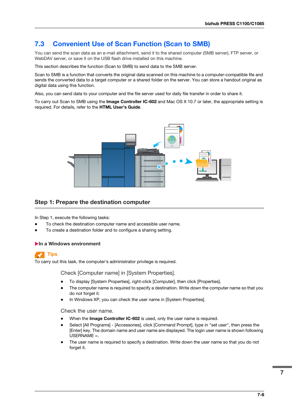 3 convenient use of scan function (scan to smb), Step 1: prepare the destination computer, In a windows environment | Convenient use of scan function (scan to smb) -8, Step 1: prepare the destination computer -8, In a windows environment -8 | Konica Minolta bizhub PRESS C1100 User Manual | Page 97 / 123