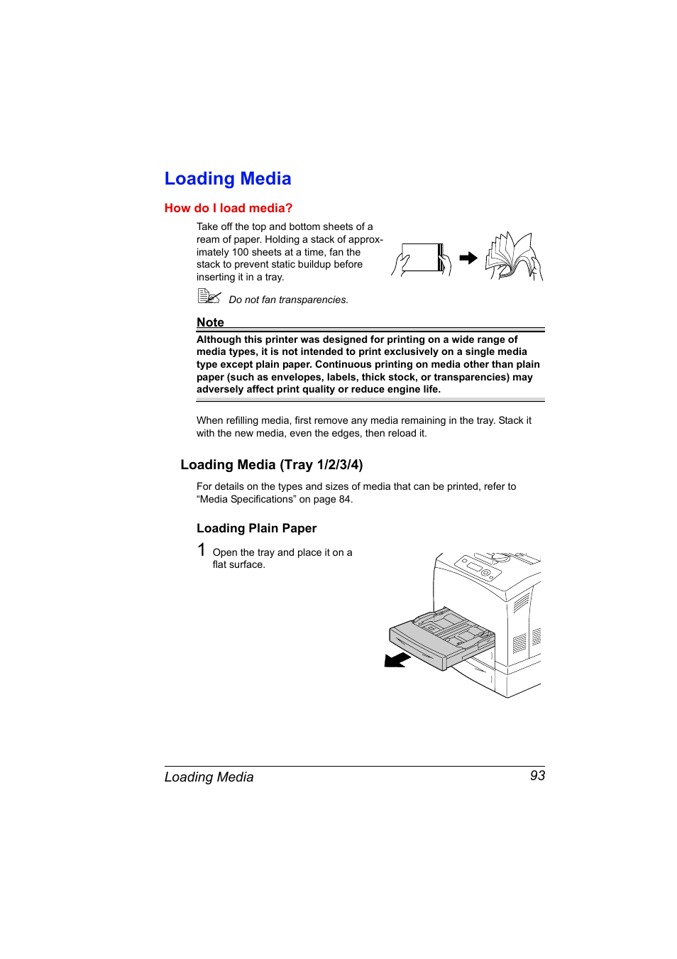 Loading media, Loading media (tray 1/2/3/4), Loading plain paper | Loading media 93, Loading media (tray 1/2/3/4) 93, Loading plain paper 93 | Konica Minolta pagepro 5650 User Manual | Page 103 / 238