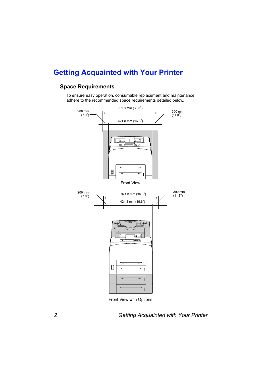 Getting acquainted with your printer, Space requirements, Getting acquainted with your printer 2 | Space requirements 2 | Konica Minolta pagepro 5650 User Manual | Page 12 / 238