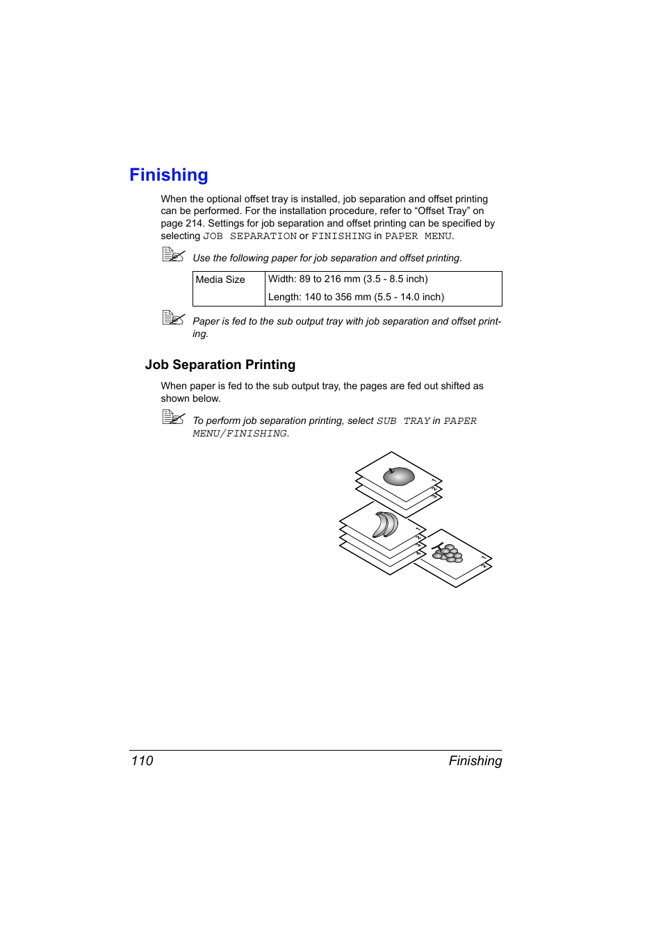 Finishing, Job separation printing, Finishing 110 | Job separation printing 110 | Konica Minolta pagepro 5650 User Manual | Page 120 / 238