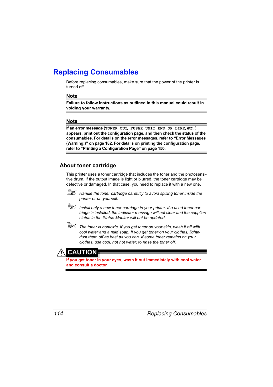 Replacing consumables, About toner cartridge, Replacing consumables 114 | About toner cartridge 114 | Konica Minolta pagepro 5650 User Manual | Page 124 / 238