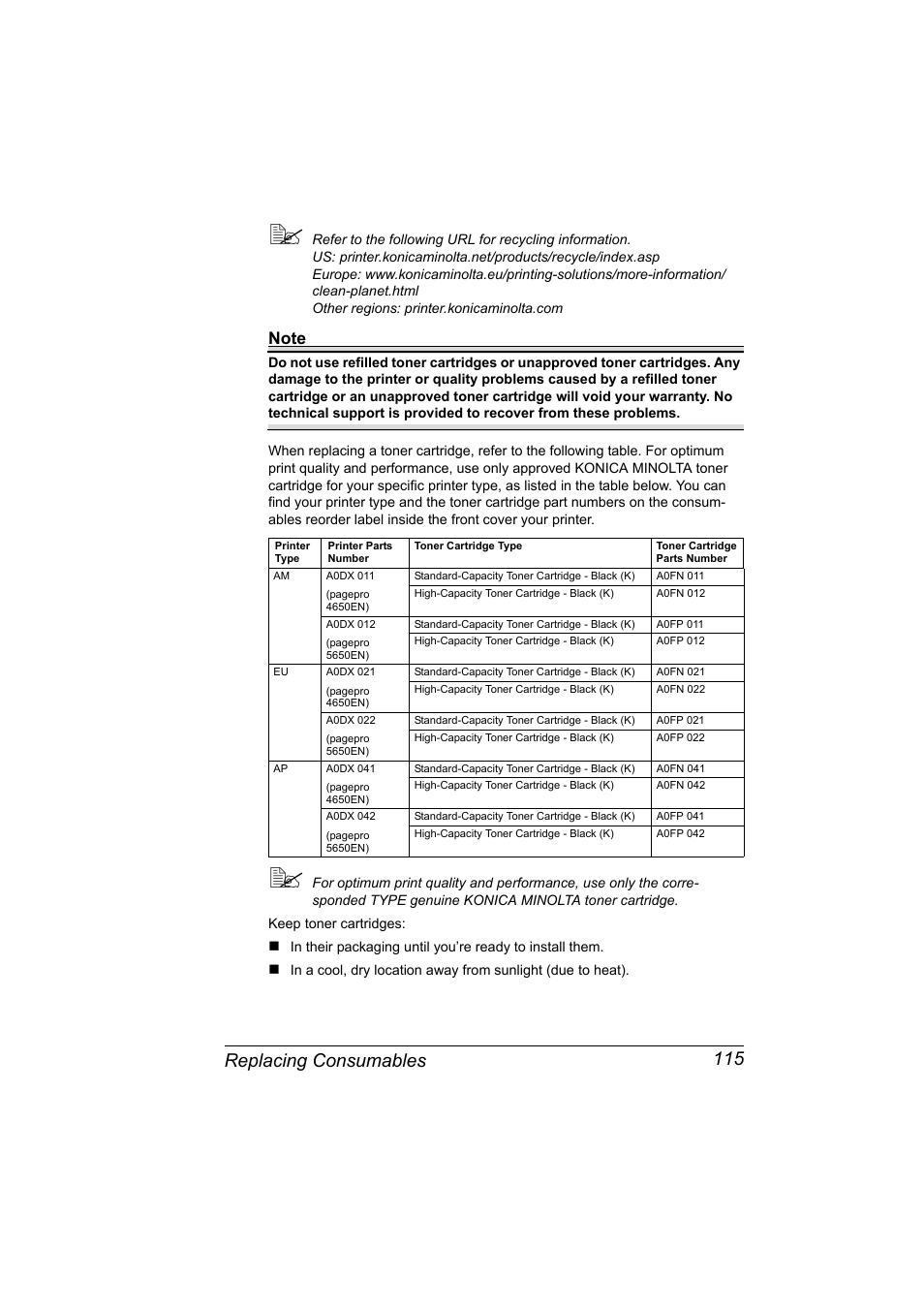 Replacing consumables 115 | Konica Minolta pagepro 5650 User Manual | Page 125 / 238