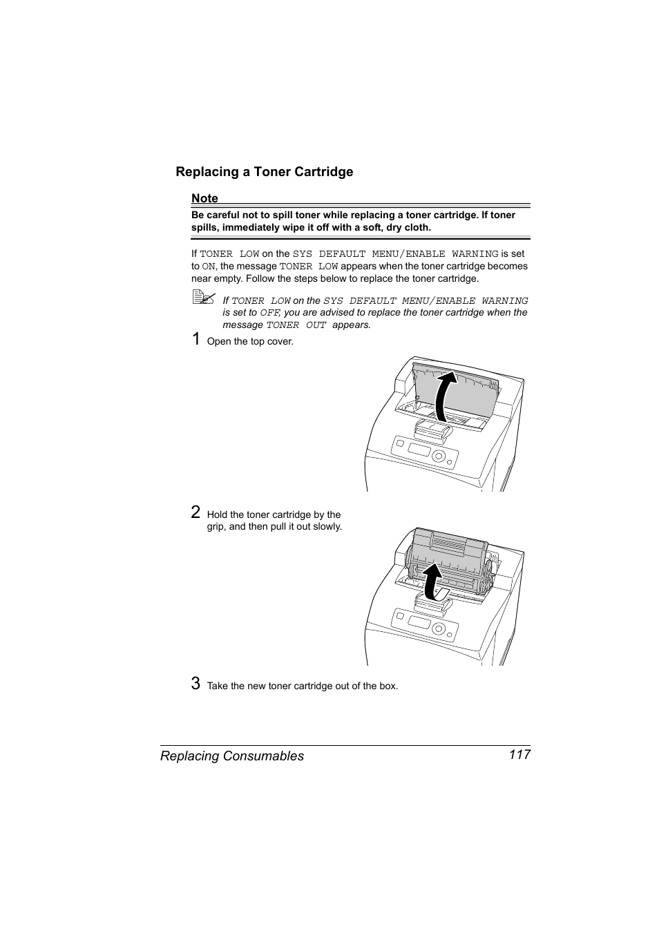 Replacing a toner cartridge, Replacing a toner cartridge 117 | Konica Minolta pagepro 5650 User Manual | Page 127 / 238