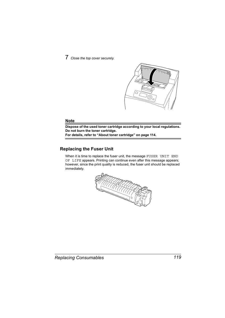 Replacing the fuser unit, Replacing the fuser unit 119 | Konica Minolta pagepro 5650 User Manual | Page 129 / 238