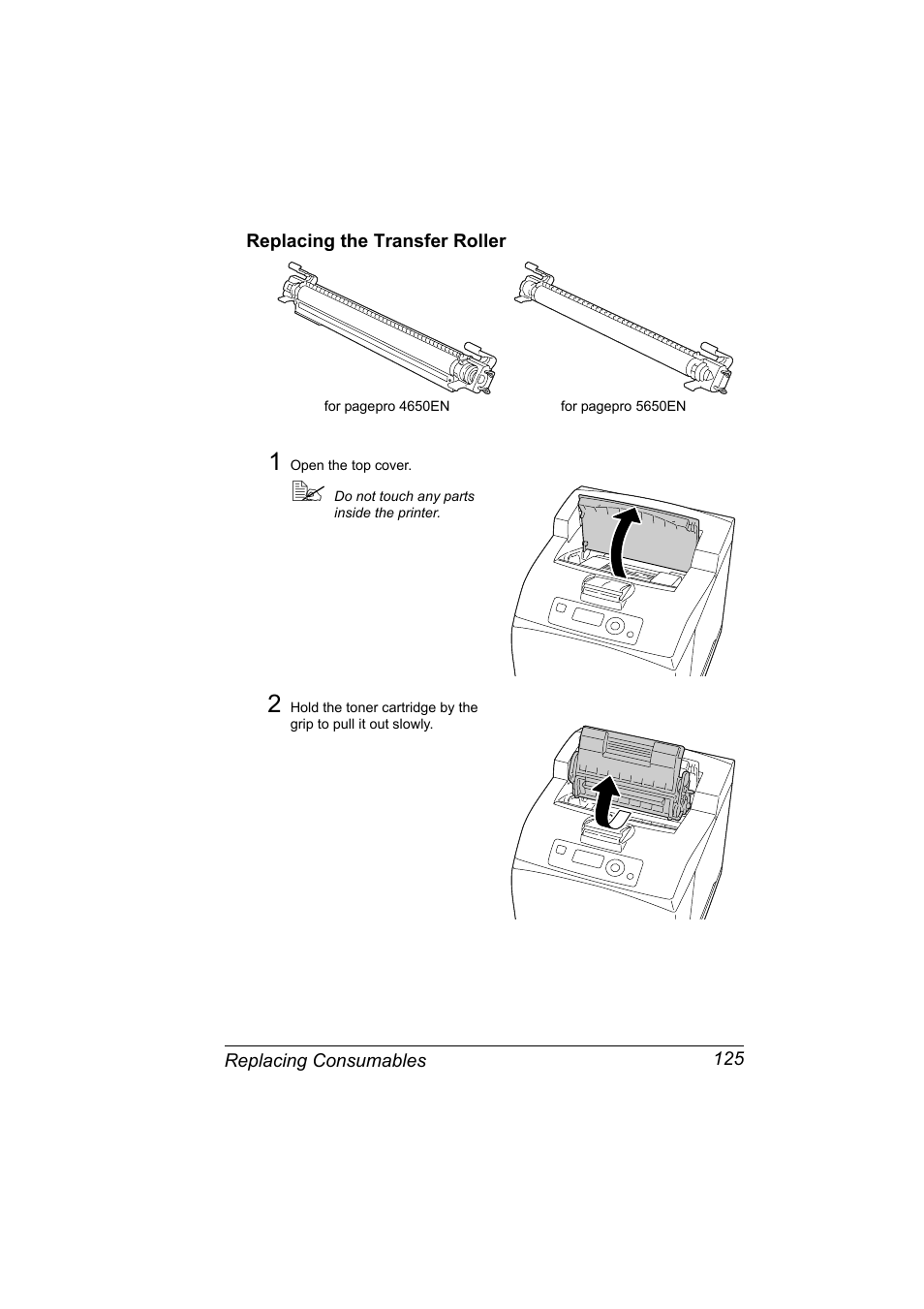 Replacing the transfer roller, Replacing the transfer roller 125 | Konica Minolta pagepro 5650 User Manual | Page 135 / 238