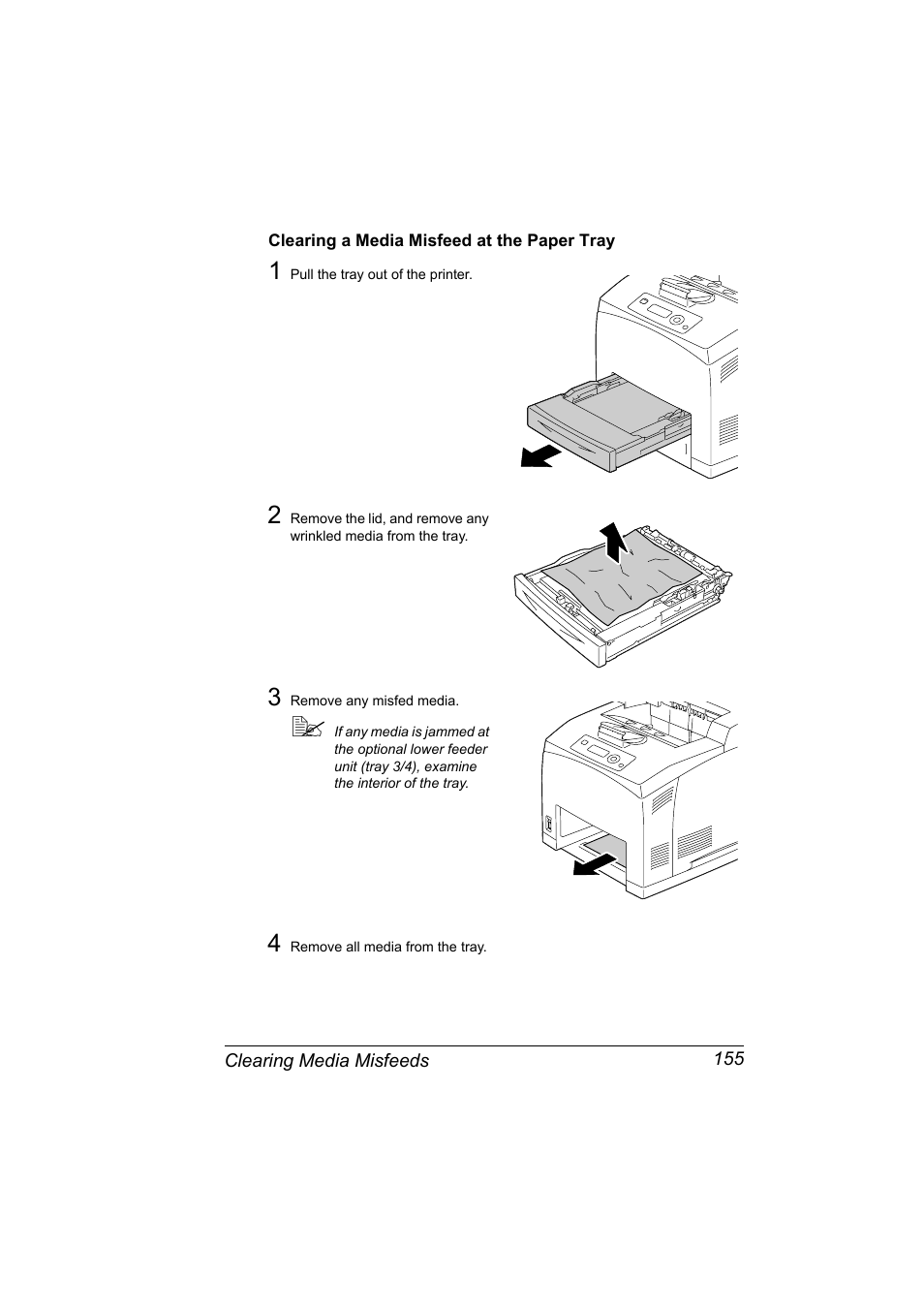 Clearing a media misfeed at the paper tray, Clearing a media misfeed at the paper tray 155 | Konica Minolta pagepro 5650 User Manual | Page 165 / 238