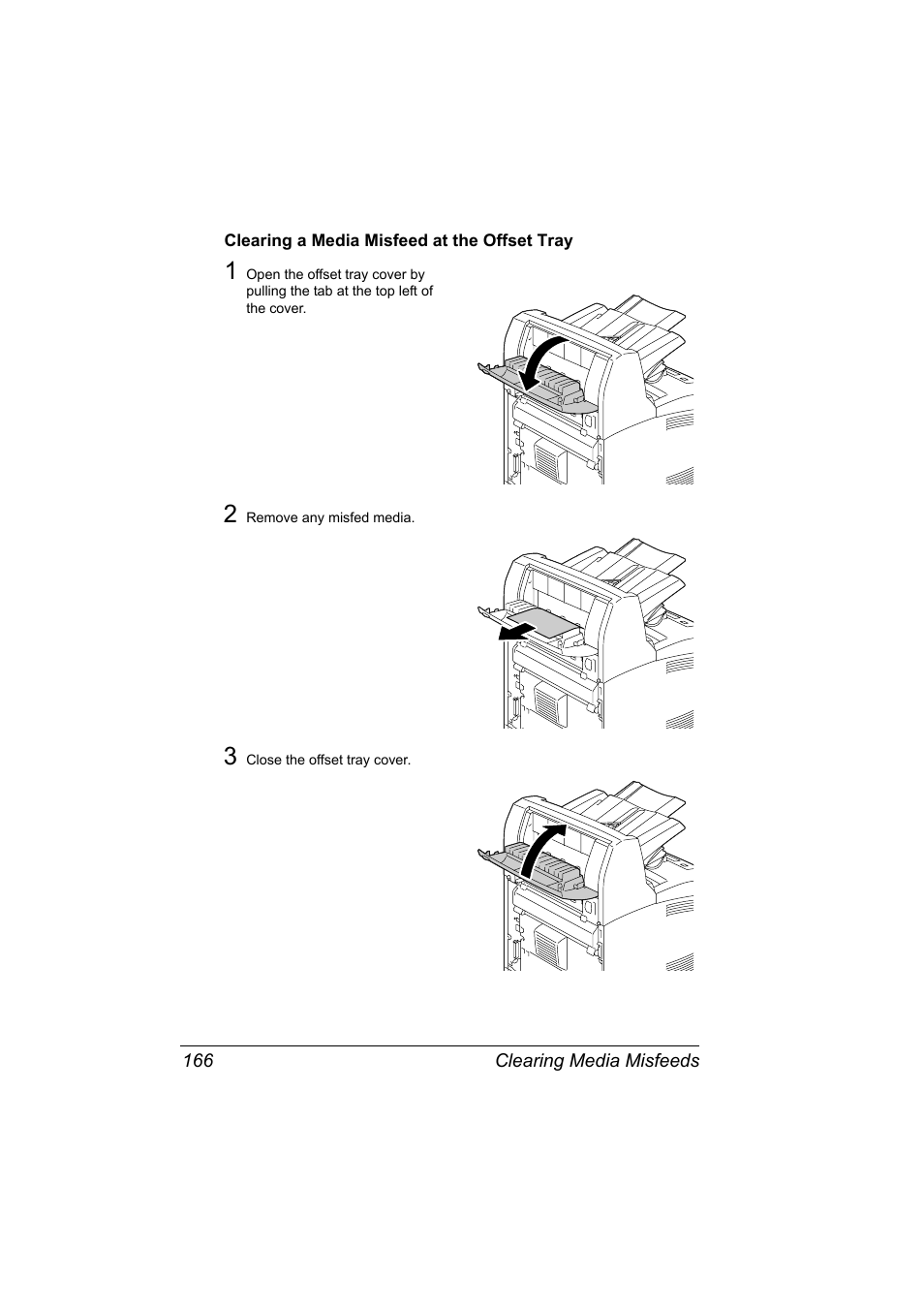 Clearing a media misfeed at the offset tray, Clearing a media misfeed at the offset tray 166 | Konica Minolta pagepro 5650 User Manual | Page 176 / 238