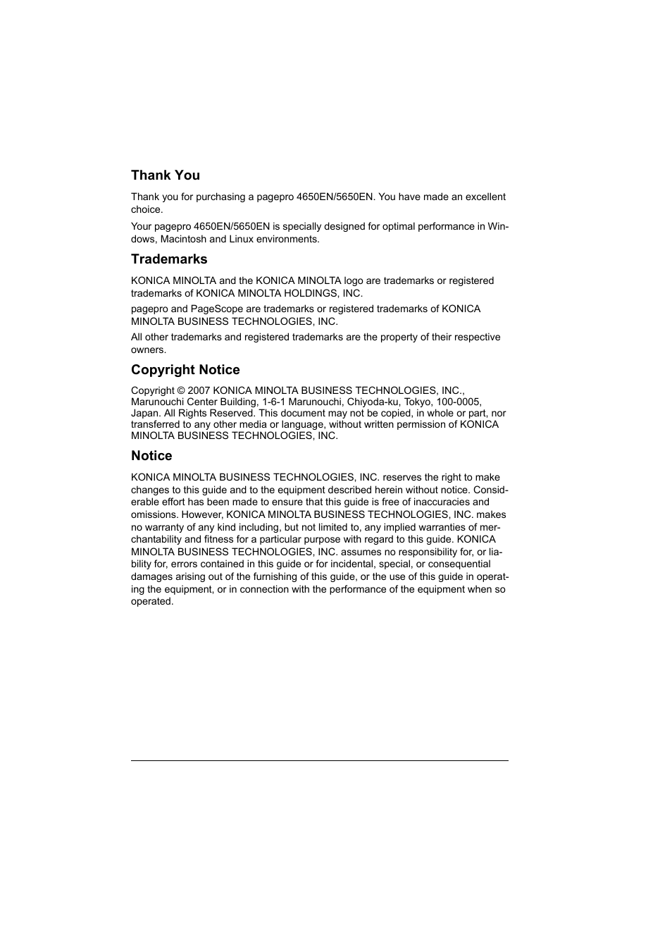 Trademarks, Copyright notice, Notice | Konica Minolta pagepro 5650 User Manual | Page 2 / 238
