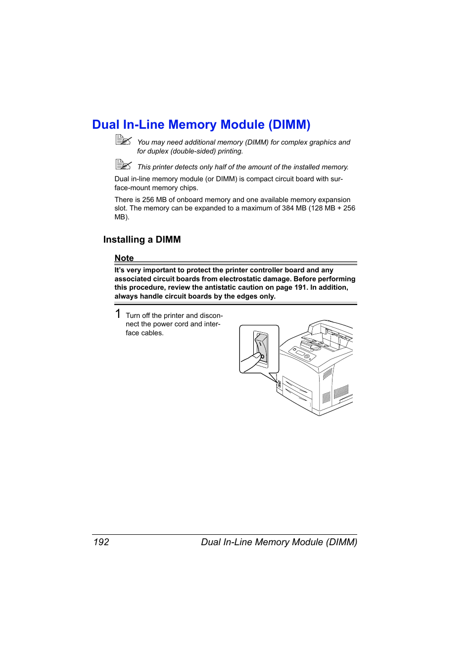 Dual in-line memory module (dimm), Installing a dimm, Dual in-line memory module (dimm) 192 | Installing a dimm 192 | Konica Minolta pagepro 5650 User Manual | Page 202 / 238