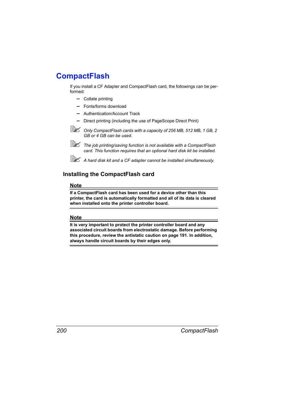 Compactflash, Installing the compactflash card, Compactflash 200 | Installing the compactflash card 200 | Konica Minolta pagepro 5650 User Manual | Page 210 / 238