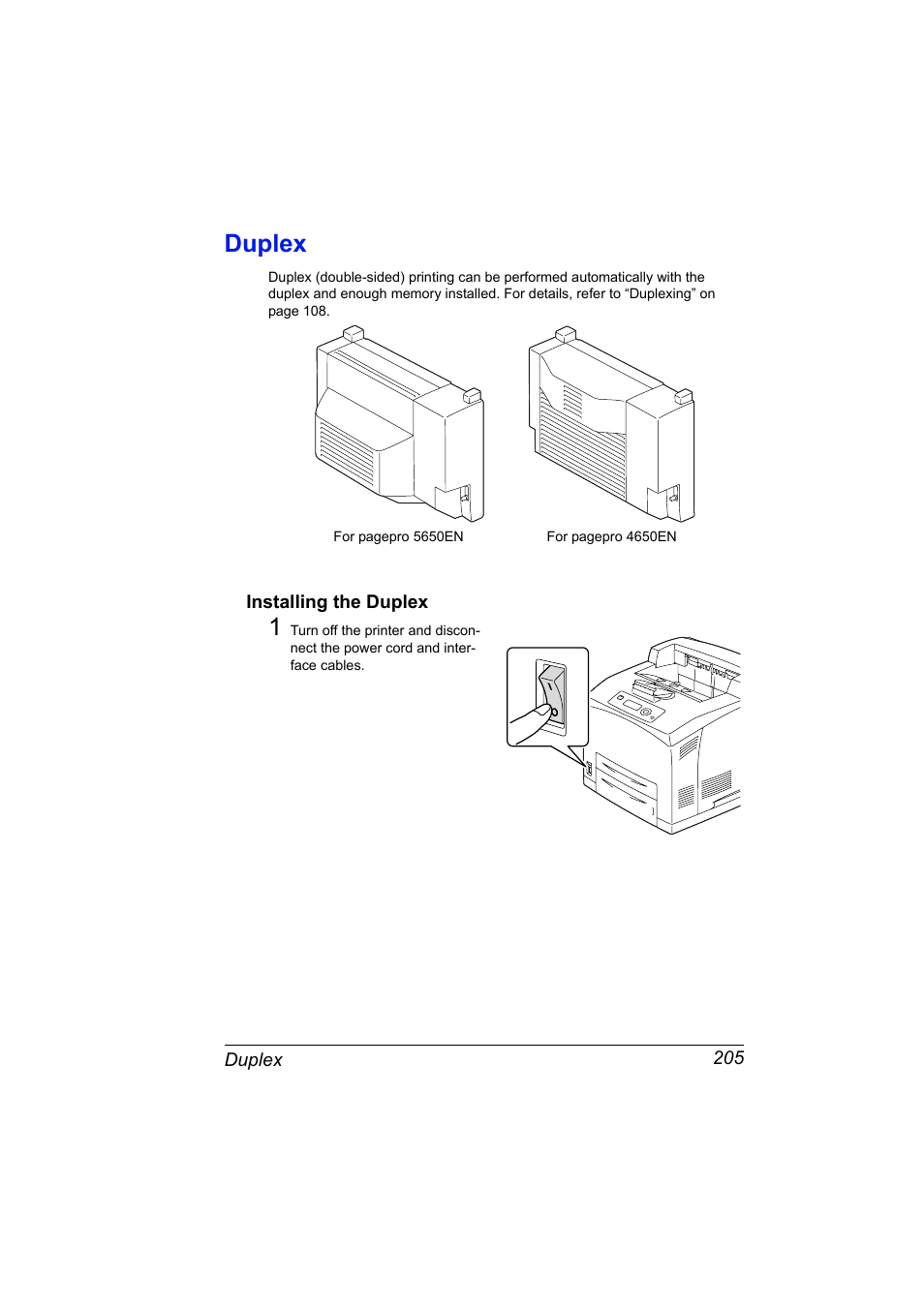 Duplex, Installing the duplex, Duplex 205 | Installing the duplex 205 | Konica Minolta pagepro 5650 User Manual | Page 215 / 238