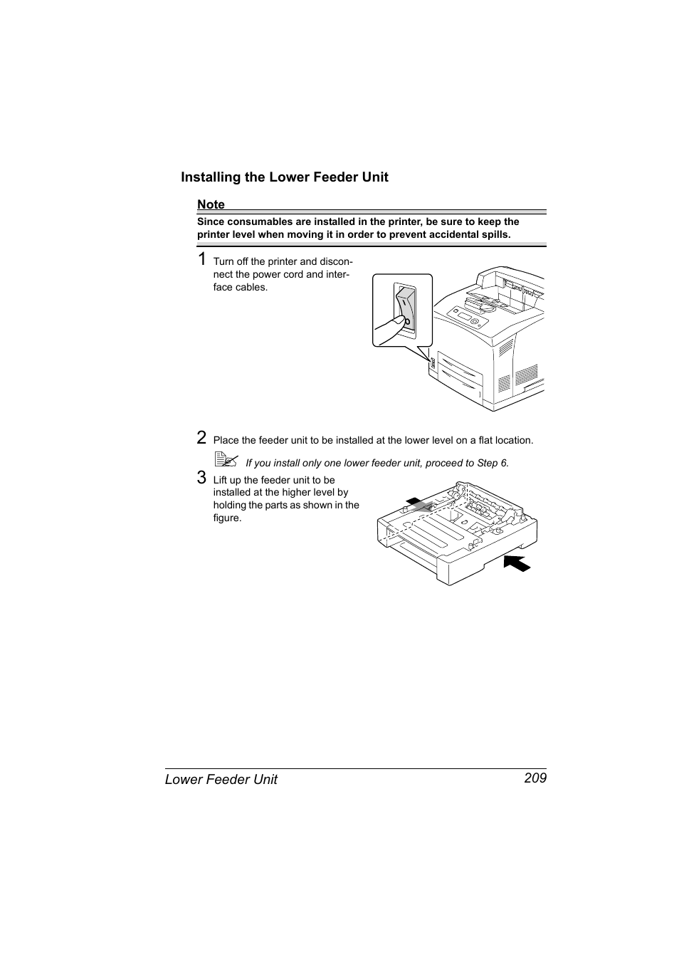 Installing the lower feeder unit, Installing the lower feeder unit 209 | Konica Minolta pagepro 5650 User Manual | Page 219 / 238