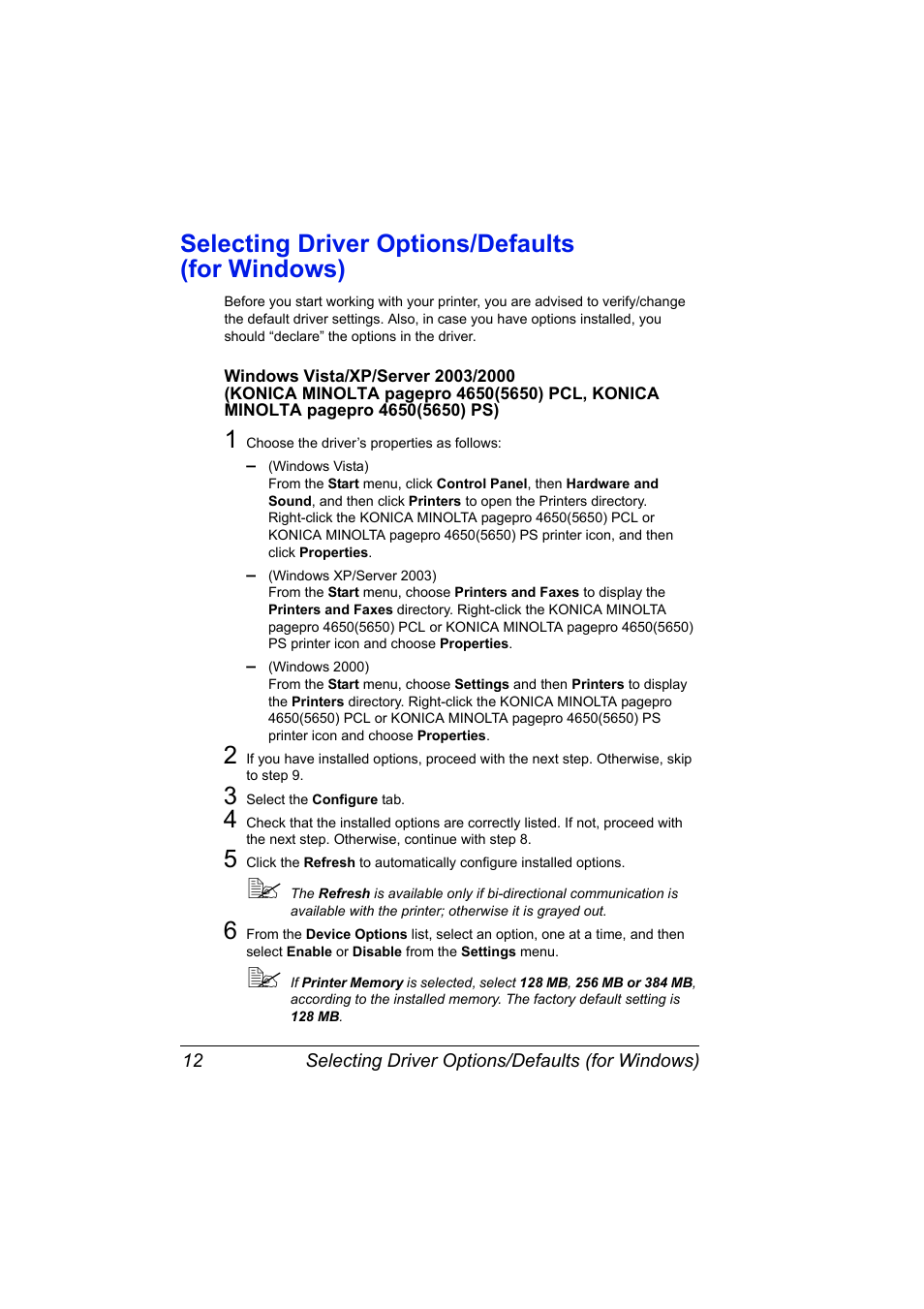 Selecting driver options/defaults (for windows), Selecting driver options/defaults, For windows) 12 | Konica Minolta pagepro 5650 User Manual | Page 22 / 238