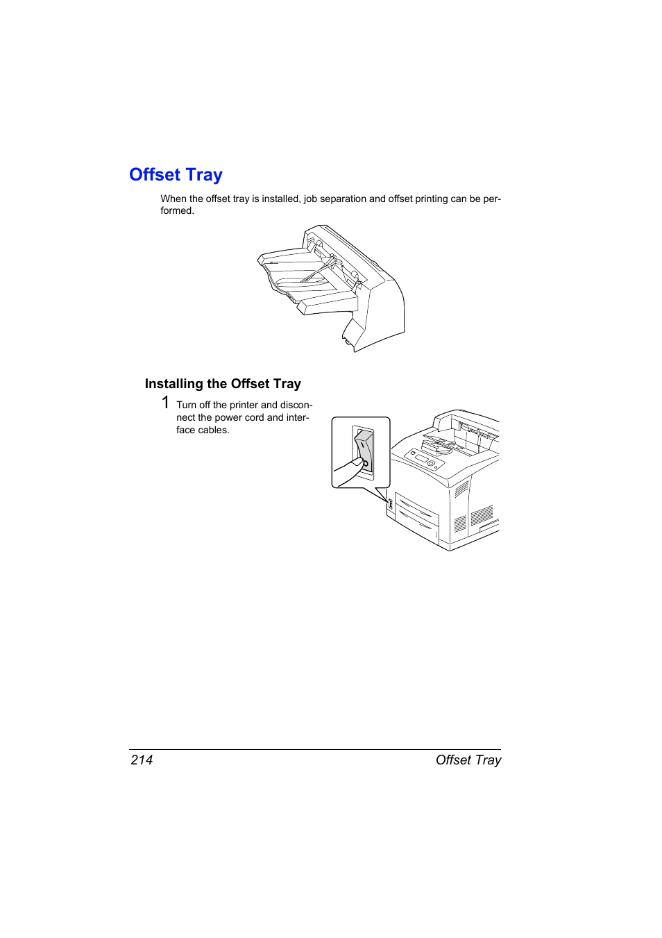 Offset tray, Installing the offset tray, Offset tray 214 | Installing the offset tray 214 | Konica Minolta pagepro 5650 User Manual | Page 224 / 238