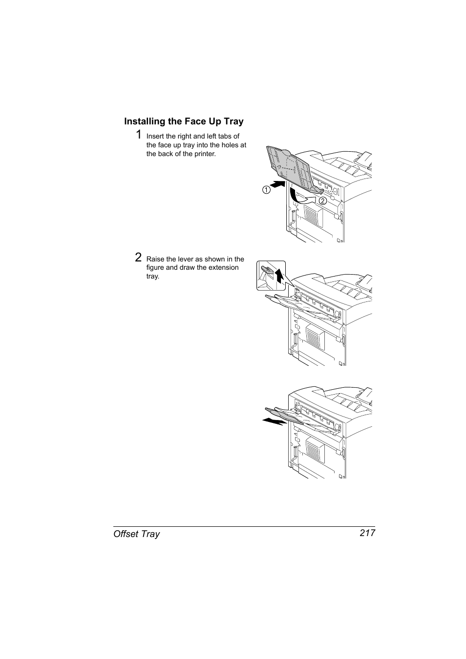 Installing the face up tray, Installing the face up tray 217 | Konica Minolta pagepro 5650 User Manual | Page 227 / 238