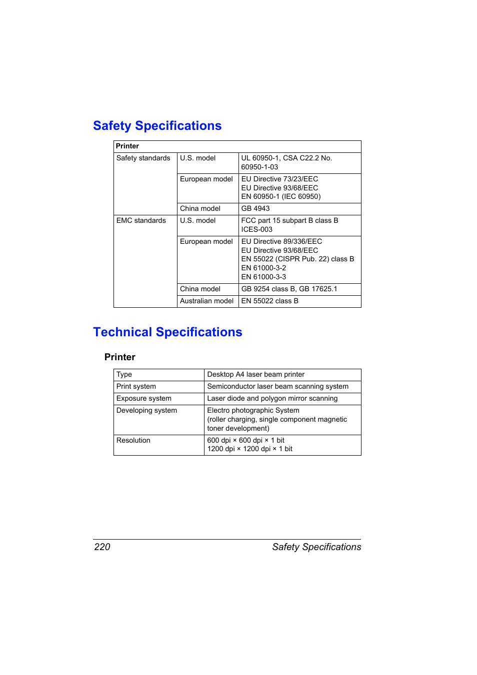 Safety specifications, Technical specifications, Printer | Printer 220, Safety specifications technical specifications, Safety specifications 220 | Konica Minolta pagepro 5650 User Manual | Page 230 / 238