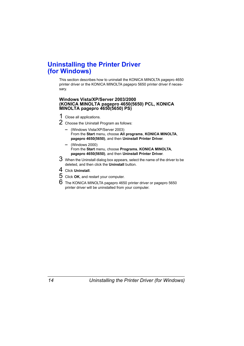 Uninstalling the printer driver (for windows), Uninstalling the printer driver, For windows) 14 | Konica Minolta pagepro 5650 User Manual | Page 24 / 238