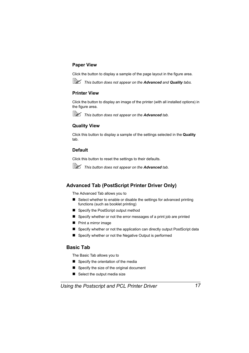 Paper view, Printer view, Quality view | Default, Advanced tab (postscript printer driver only), Basic tab | Konica Minolta pagepro 5650 User Manual | Page 27 / 238