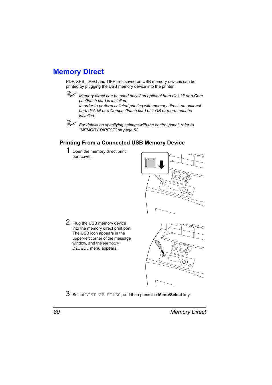 Memory direct, Printing from a connected usb memory device, Memory direct 80 | Printing from a connected usb memory device 80 | Konica Minolta pagepro 5650 User Manual | Page 90 / 238