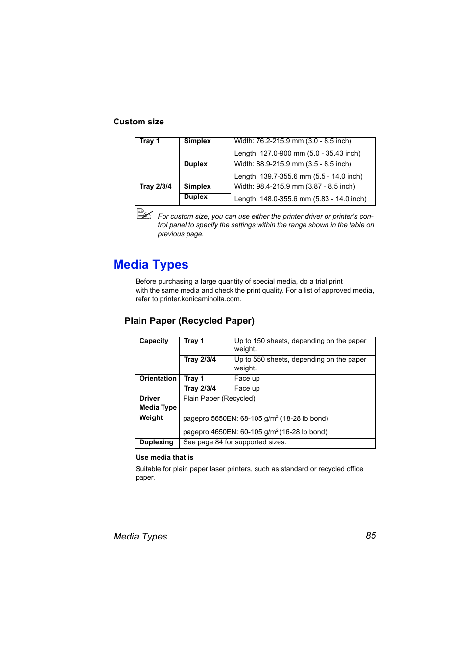 Media types, Plain paper (recycled paper), Media types 85 | Plain paper (recycled paper) 85 | Konica Minolta pagepro 5650 User Manual | Page 95 / 238