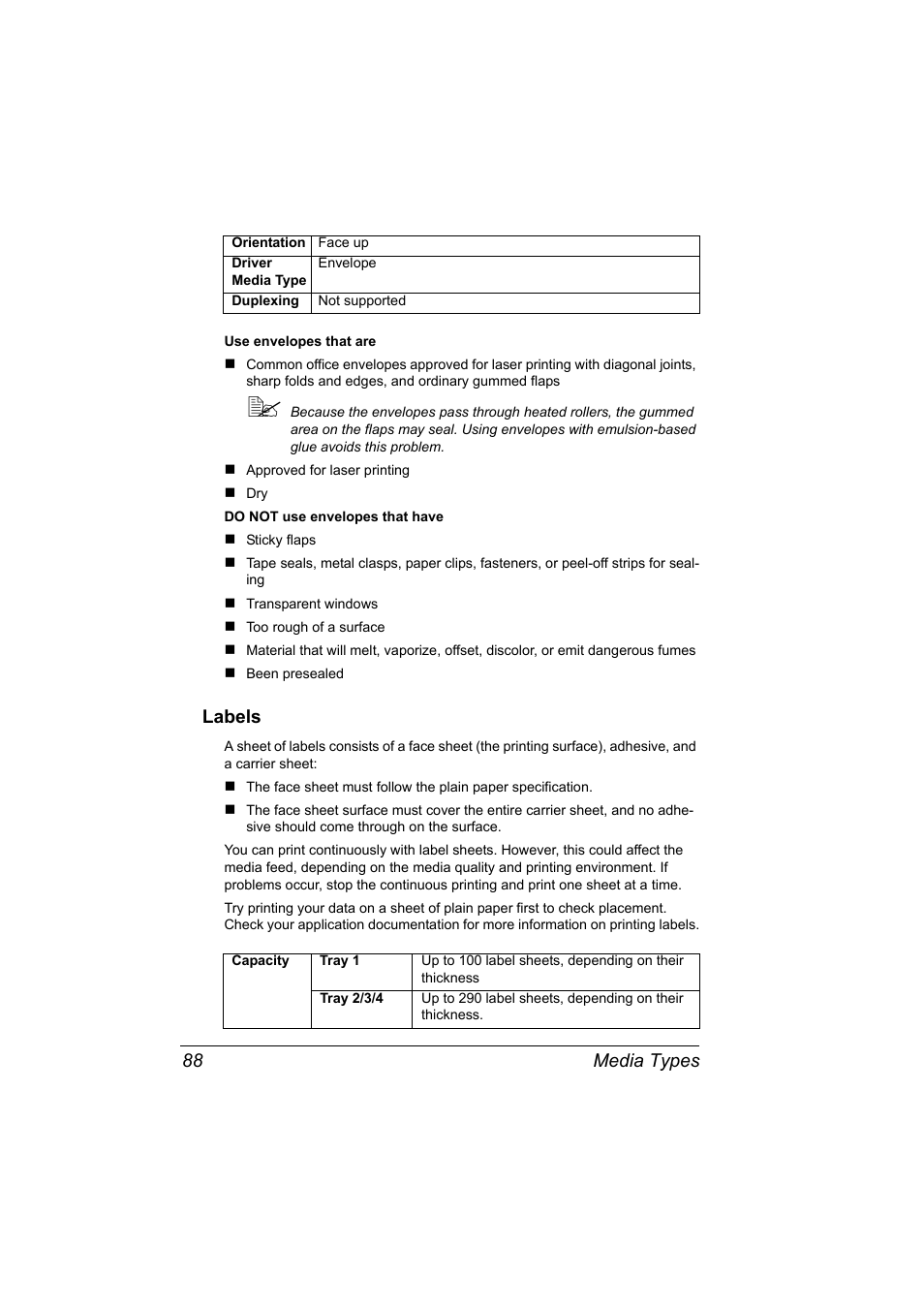 Labels, Labels 88, Media types 88 | Konica Minolta pagepro 5650 User Manual | Page 98 / 238