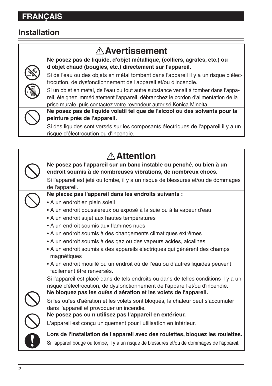 Avertissement, Attention, Français installation | Konica Minolta bizhub 25e User Manual | Page 12 / 28