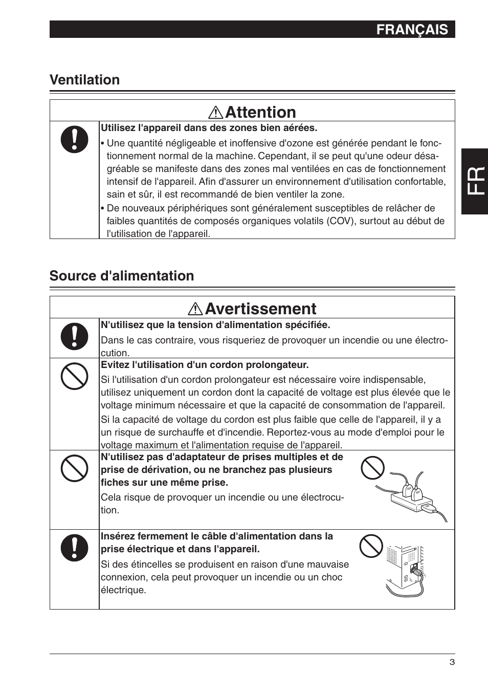 Attention, Avertissement, Français | Ventilation, Source d'alimentation | Konica Minolta bizhub 25e User Manual | Page 13 / 28