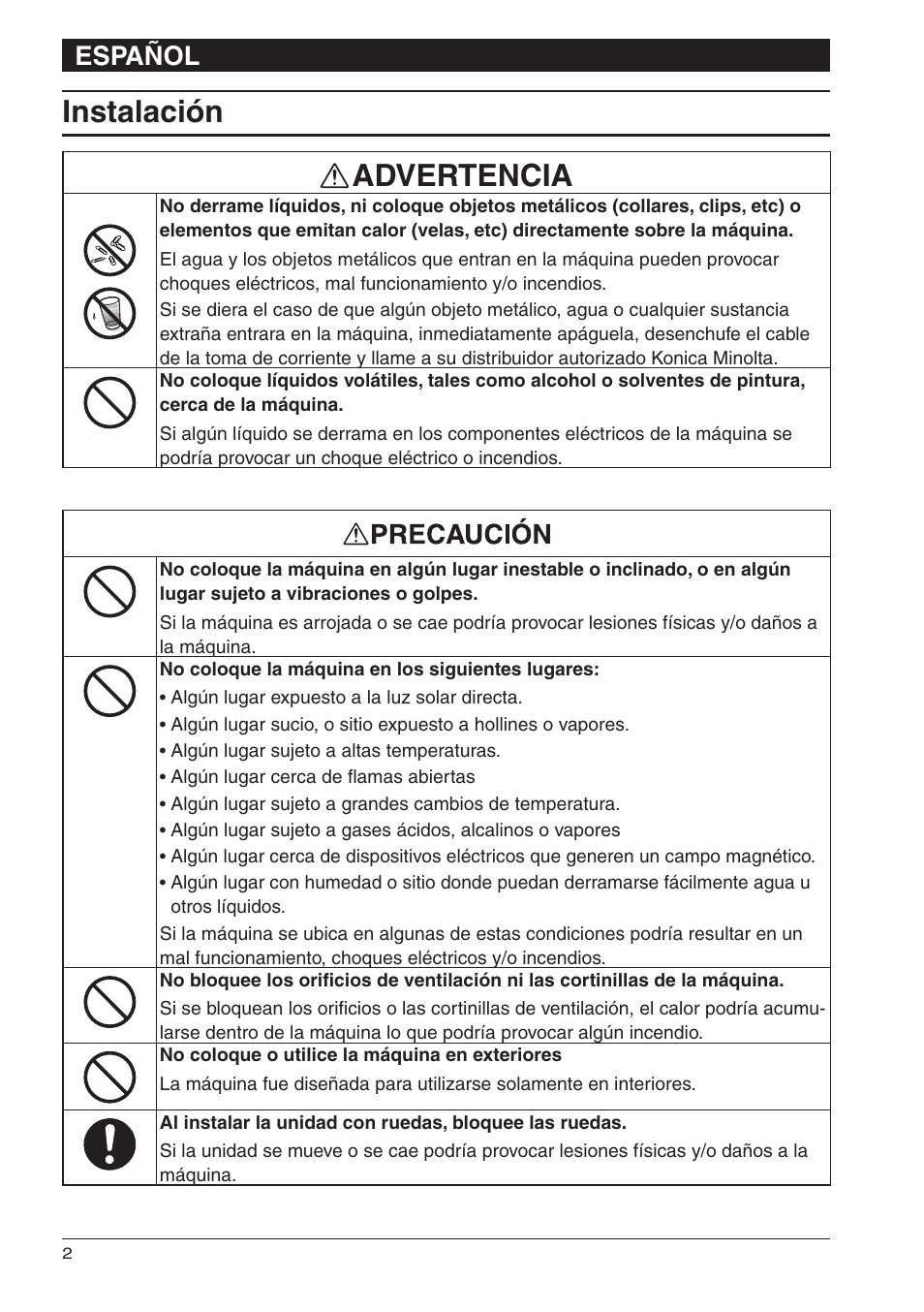 Instalación advertencia, Español | Konica Minolta bizhub 25e User Manual | Page 20 / 28