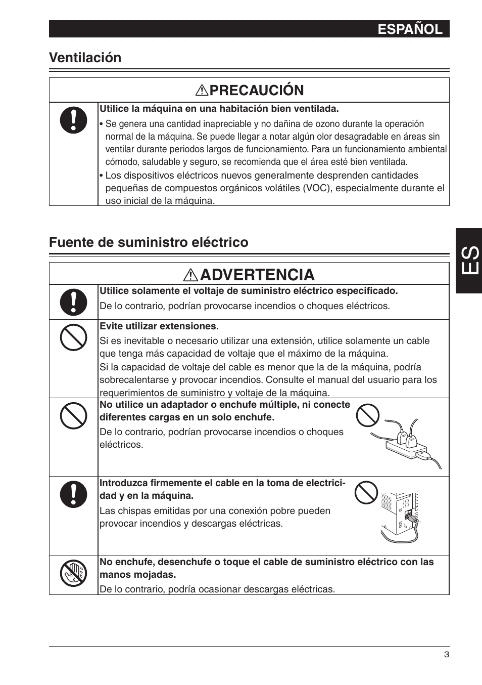 Advertencia, Español, Ventilación | Fuente de suministro eléctrico | Konica Minolta bizhub 25e User Manual | Page 21 / 28