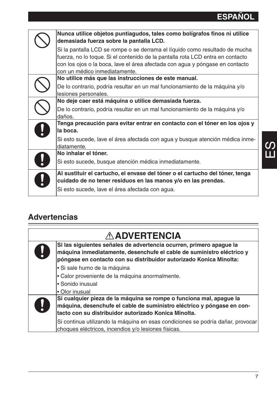 Advertencia, Español, Advertencias | Konica Minolta bizhub 25e User Manual | Page 25 / 28