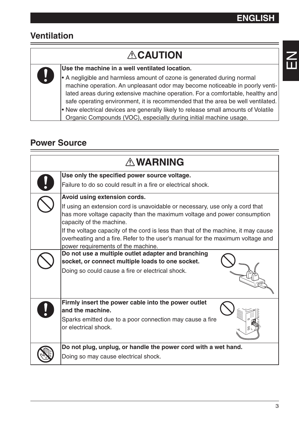 English, Ventilation, Power source | Konica Minolta bizhub 25e User Manual | Page 5 / 28