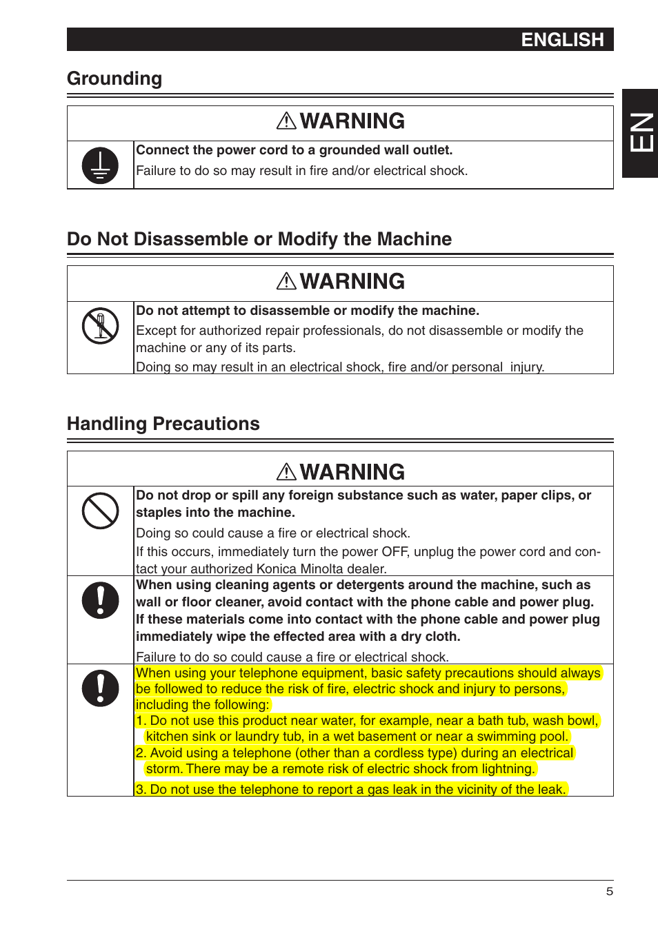 English, Grounding, Do not disassemble or modify the machine | Handling precautions | Konica Minolta bizhub 25e User Manual | Page 7 / 28