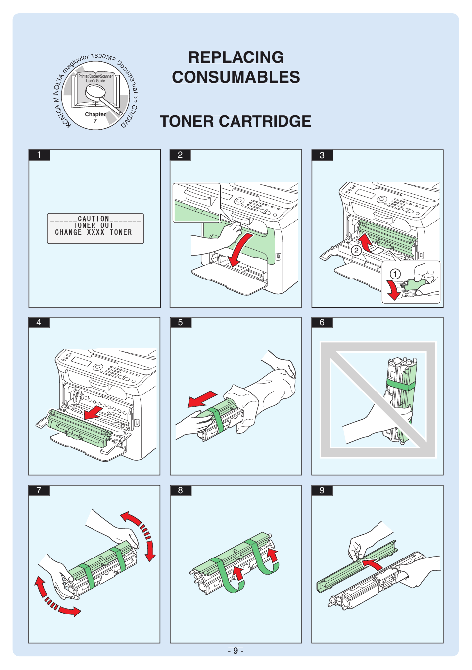 Replacing consumables, Toner cartridge | Konica Minolta magicolor 1690MF User Manual | Page 9 / 12