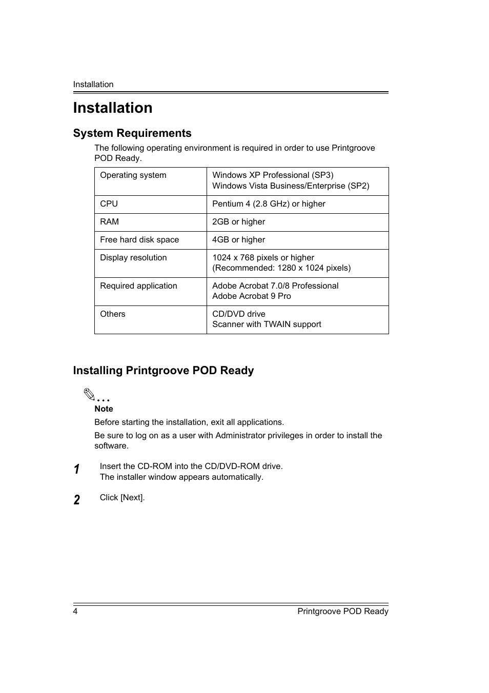 Installation, System requirements, Installing printgroove pod ready | Konica Minolta Printgroove POD User Manual | Page 7 / 18